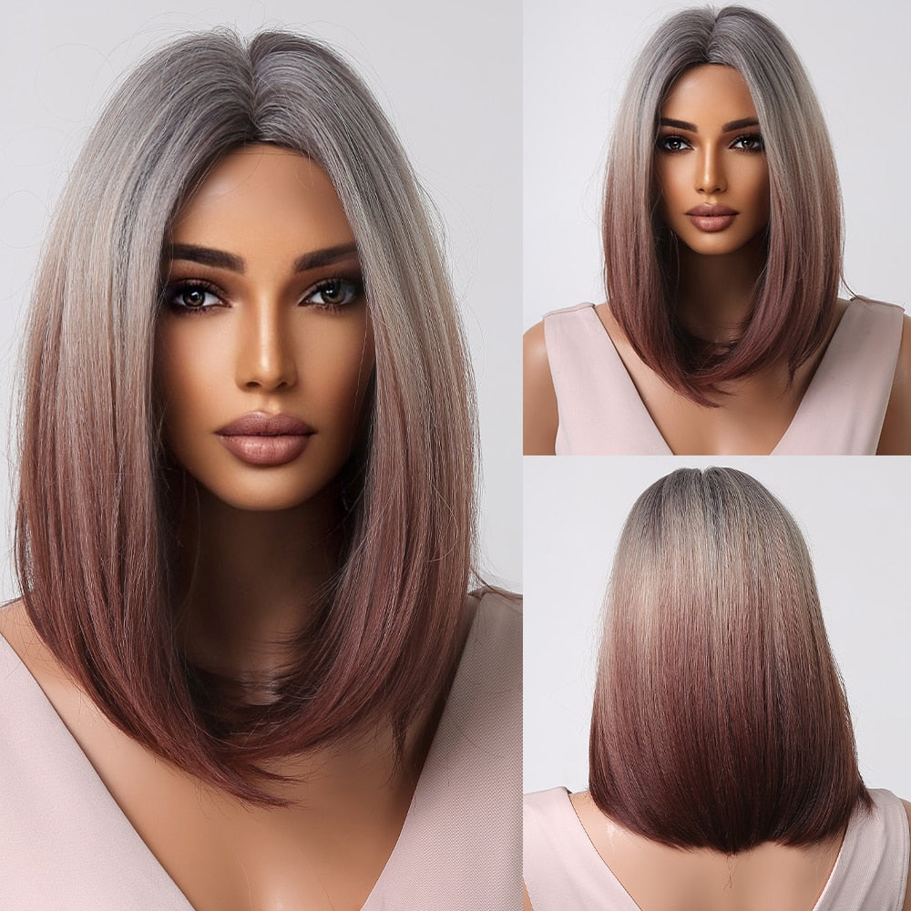 Blonde to brown ombre straight synthetic wig with bangs for women, suitable for cosplay and daily wear, heat resistant accessory.