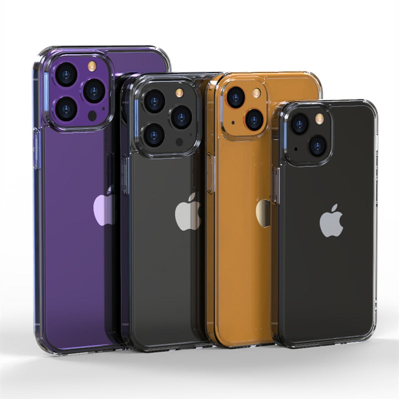 Clear tempered glass phone case for iPhone 11, 12, 13, 14 Pro, XS Max, and more, showcasing a transparent hard protective design.