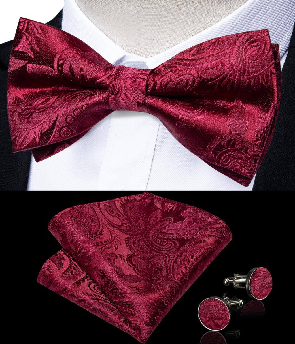 Classic red wedding bow tie with matching cufflinks and corsage set, silk butterfly knot accessory for men's formal attire.