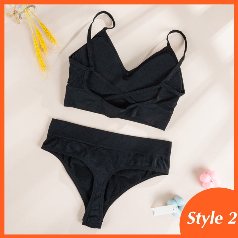 Seamless ribbed bralette and panty lingerie set from The Clothing Company Sydney, wire-free and comfortable undergarments.