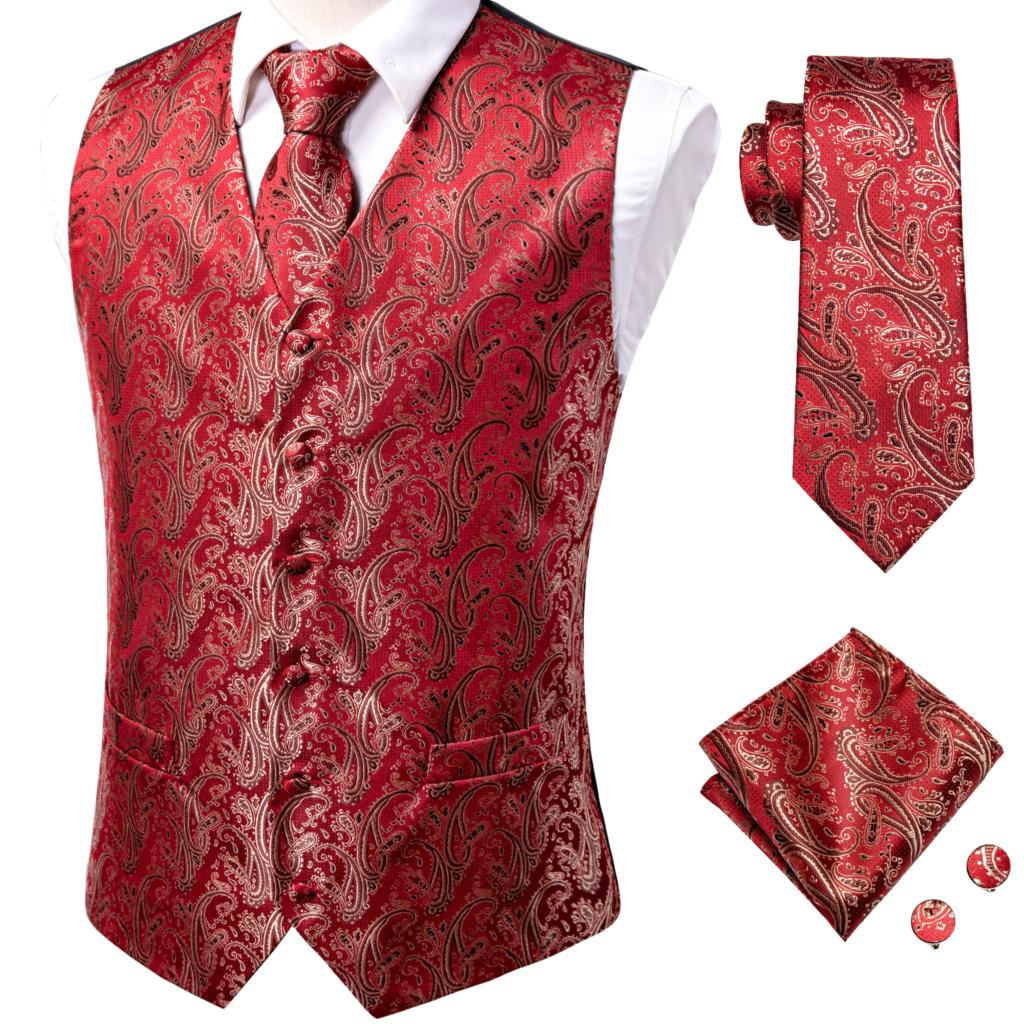 Men's luxury vest and tie set with paisley floral plaid design in blue, gold, red, and silver, ideal for wedding attire.