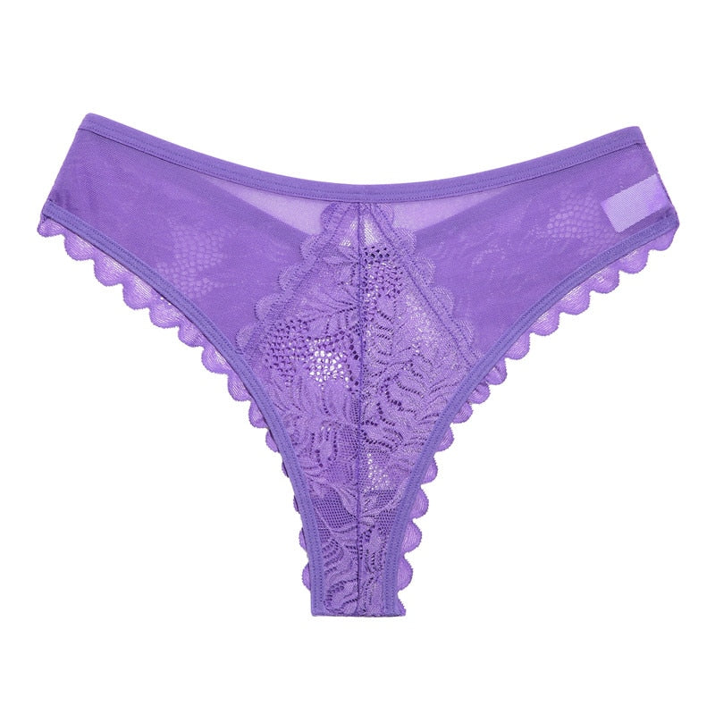 Three lace G-string panties from The Clothing Company Sydney, soft lingerie thongs in a set, featuring delicate lace and minimal coverage.