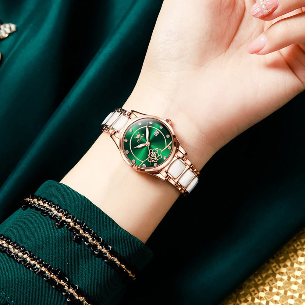 Elegant OLEVS luxury quartz ladies' watch with ceramic band, Japanese movement, water resistance, and stylish design.