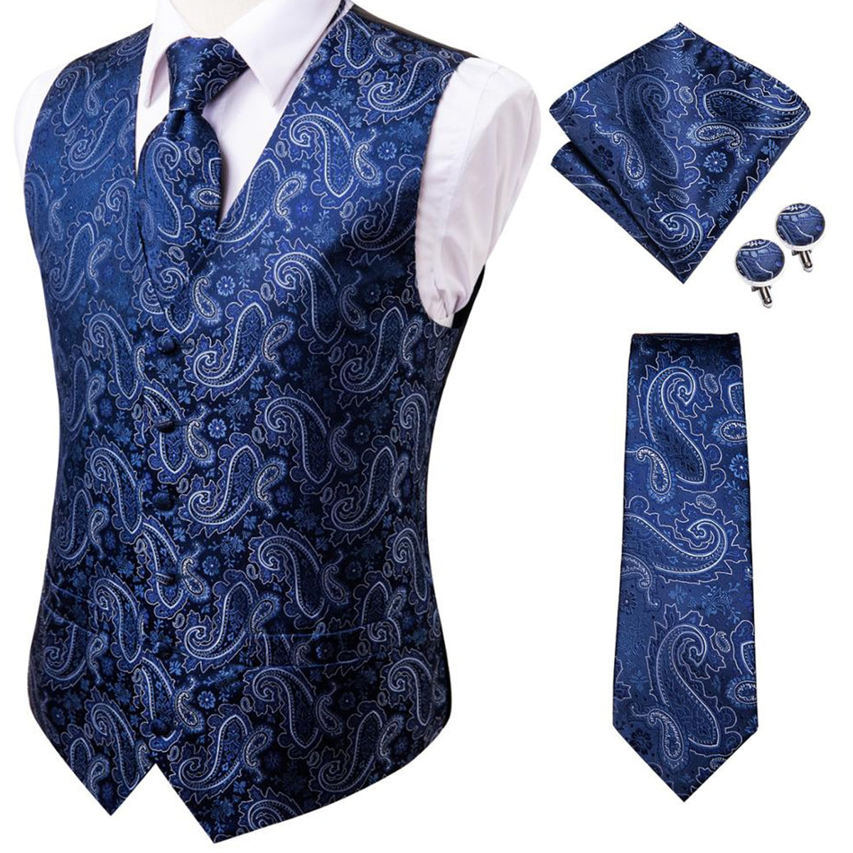 Men's luxury vest and tie set featuring paisley, floral, plaid patterns in blue, gold, red, and silver for wedding or formal wear.