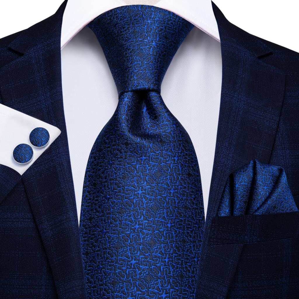 Blue silk men's business tie with dot pattern, plaid design, and matching cufflinks, 150cm, from The Clothing Company Sydney.