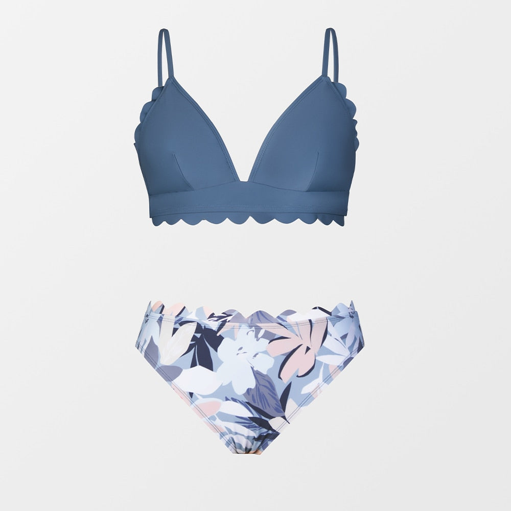 Green floral scalloped bikini set by The Clothing Company Sydney featuring a low-waist two-piece swimsuit for beach and swimwear.