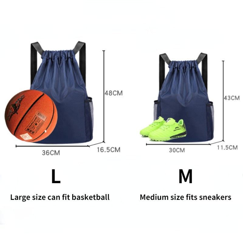 Sports backpack with basketball, soccer, and volleyball designs, featuring a drawstring closure and side pocket for students and athletes