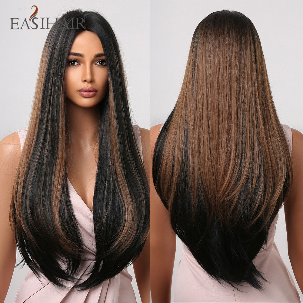 Brown straight synthetic wig with bangs, layered, heat-resistant, for women, suitable for daily wear, cosplay, and parties.