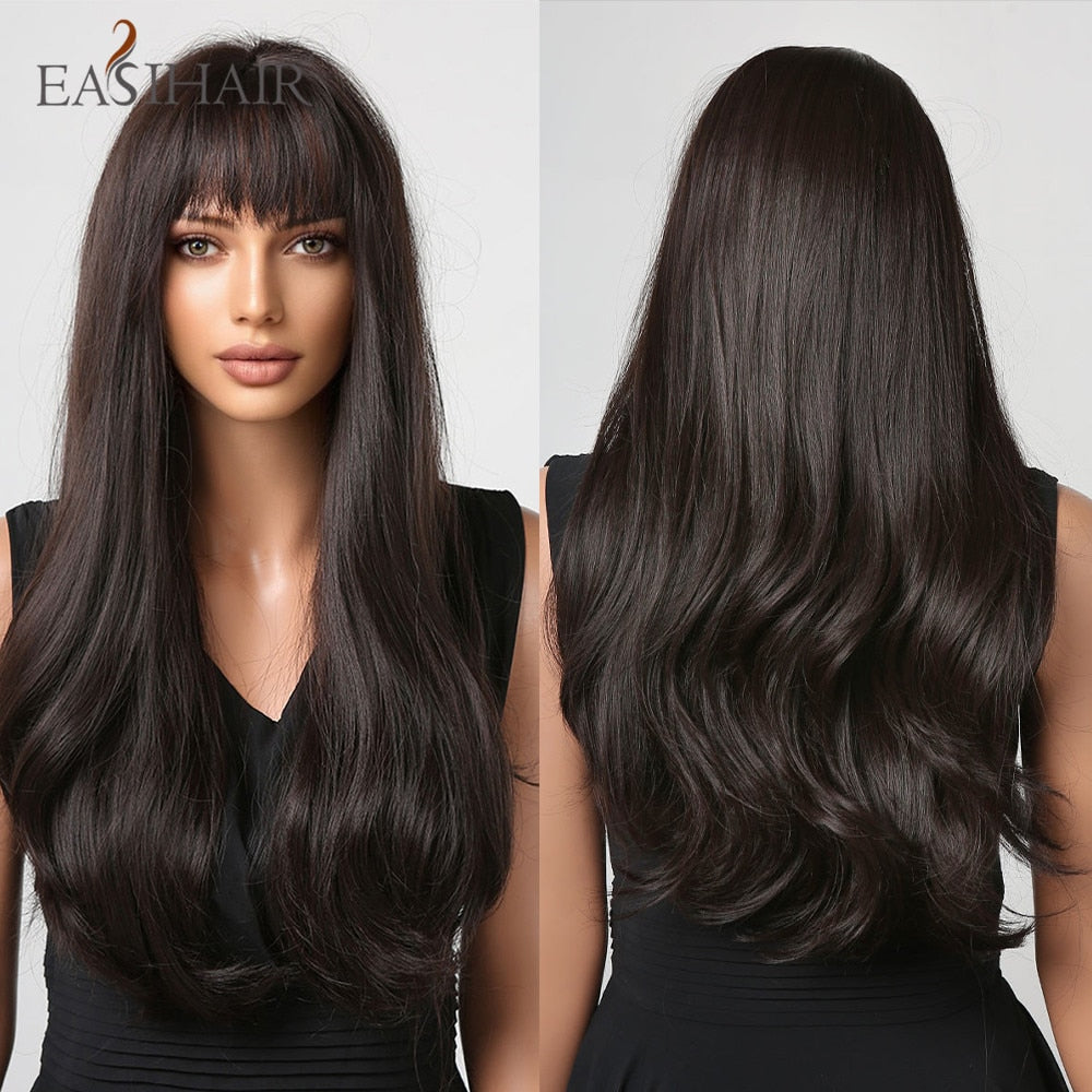 Long wavy synthetic wig in brown and blonde with bangs, heat-resistant, for women’s daily wear and cosplay by The Clothing Company Sydney