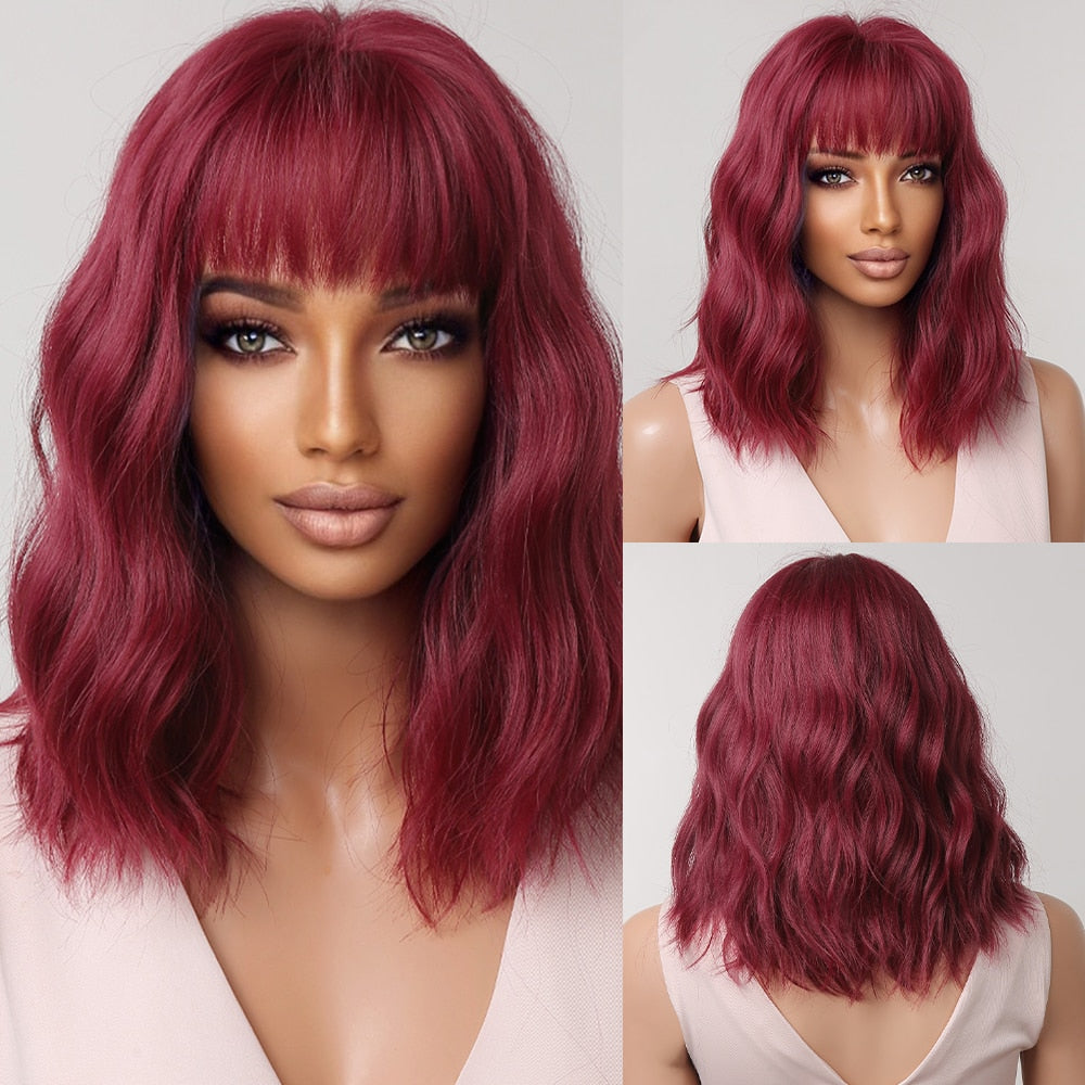 Blonde to brown ombre straight synthetic wig with bangs for women, featuring a bob style, heat-resistant for cosplay or daily wear