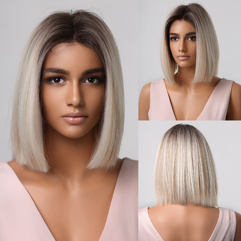 Blonde to brown ombre synthetic bob wig with bangs for women, heat-resistant, suitable for cosplay and daily wear.