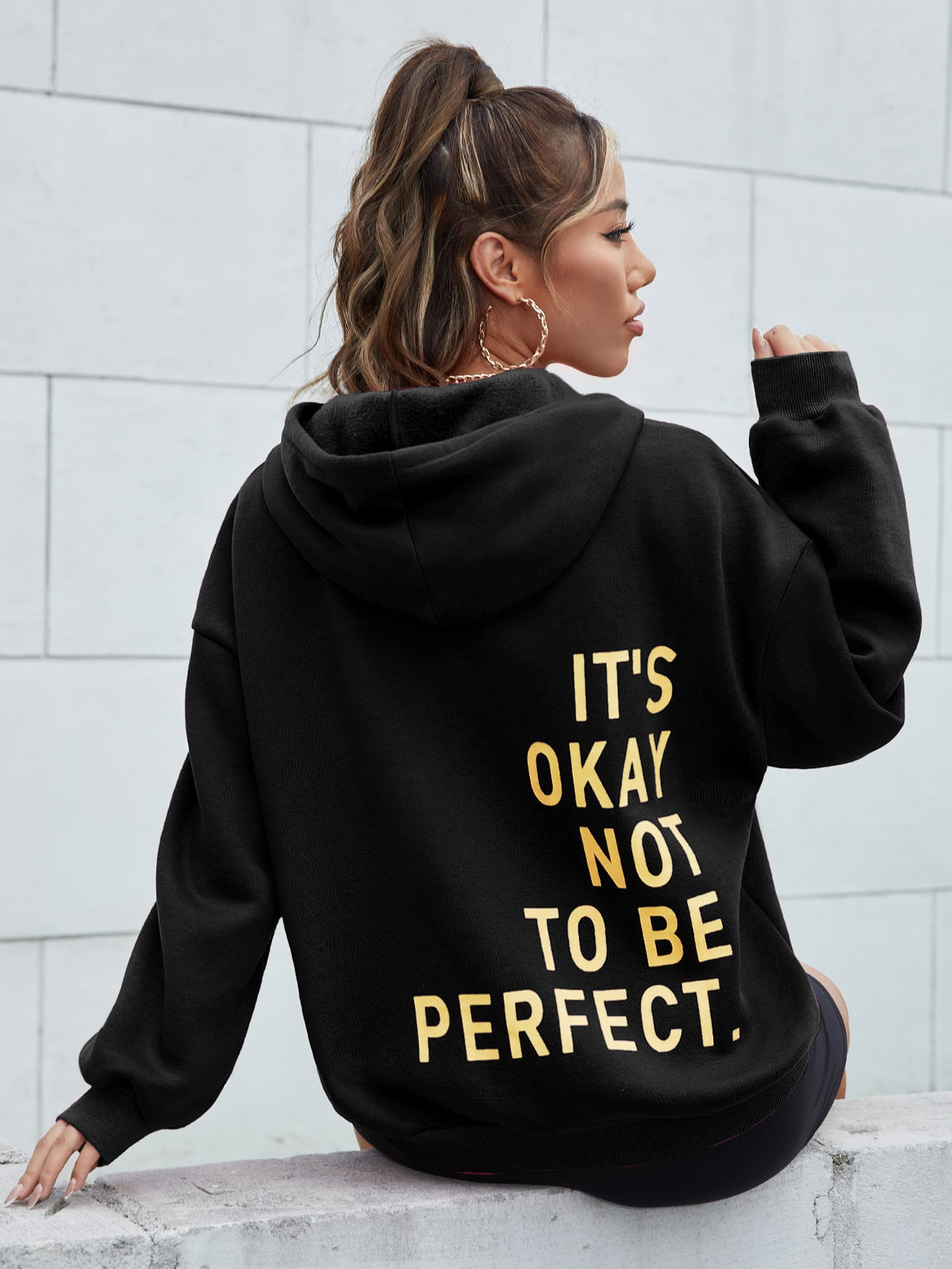 Cotton mix long sleeve hoodie by The Clothing Company Sydney featuring "It's Okay No To Be Perfect" print, soft and comfortable sweatshirt top.