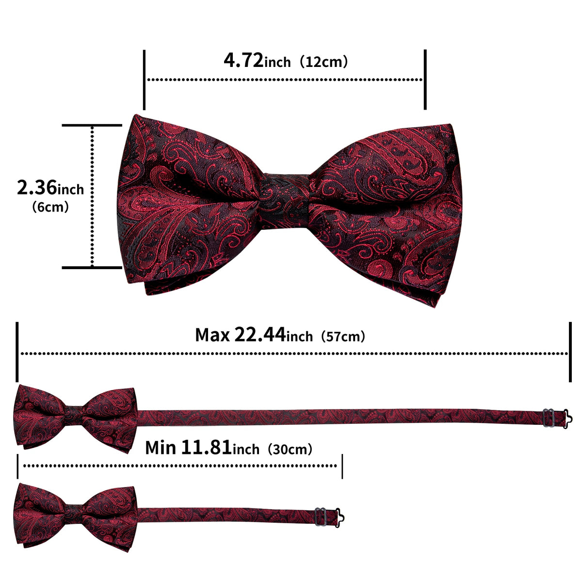 Classic red pre-tied wedding bow tie, silk butterfly knot with cufflinks and corsage set, men's accessories for formal parties.