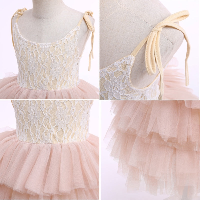 Girls' summer princess casual children’s beach bathing dress with sleeveless layered tulle, floral accents, perfect for parties.