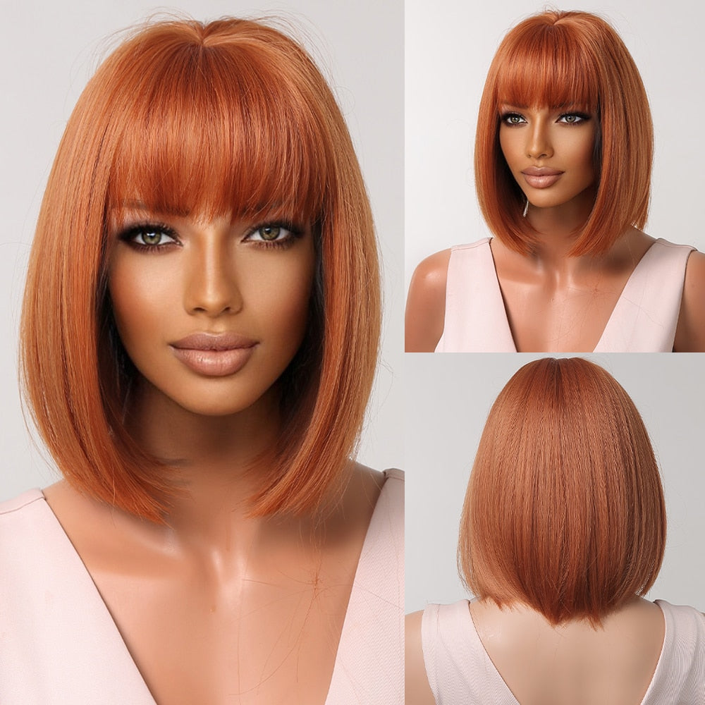 Blonde to brown ombre straight synthetic wig with bangs for women, featuring a bob cut, heat-resistant daily cosplay accessory.