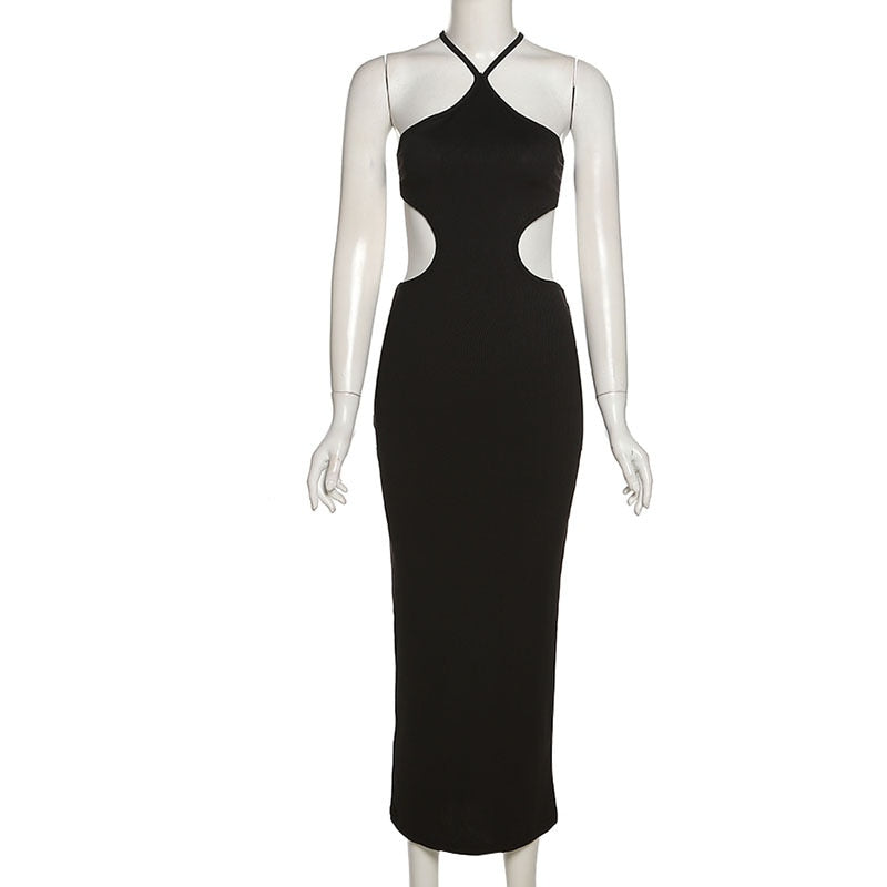 Elegant sleeveless summer halter maxi dress by The Clothing Company Sydney featuring a backless design and stylish cutout details.