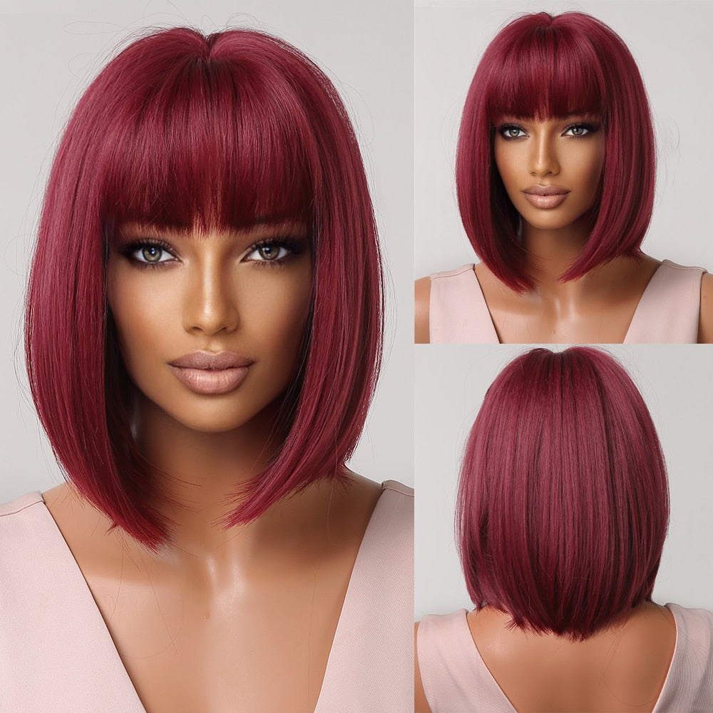 Blonde to brown ombre straight synthetic wig with bangs for women, featuring a bob style, heat-resistant for cosplay or daily wear.