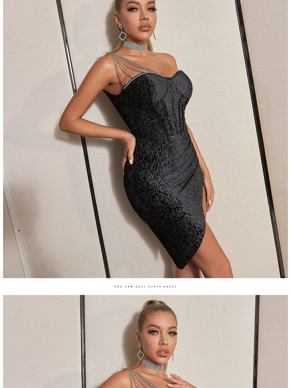 Women’s one-shoulder sequined party dress by The Clothing Company Sydney, sleeveless summer evening dress with diamonds.