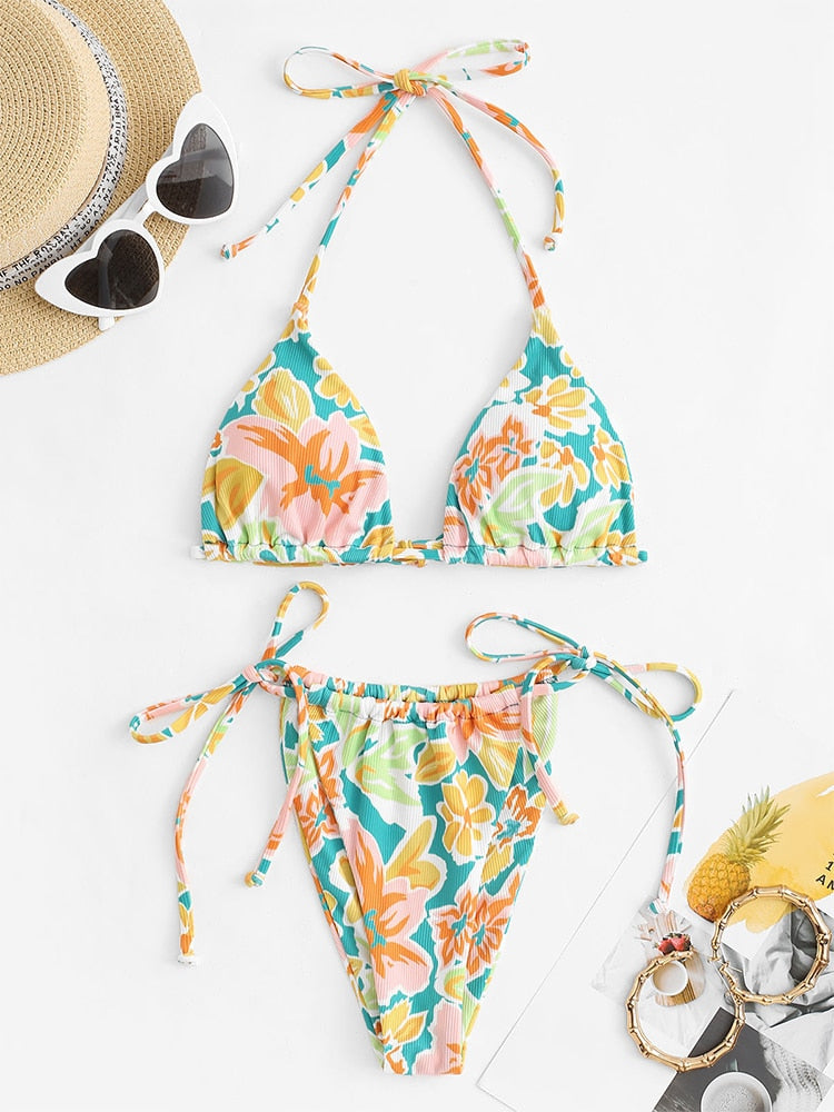 Ribbed flower print tie side bikini set from The Clothing Company Sydney, featuring low-waisted, padded two-piece swimwear.