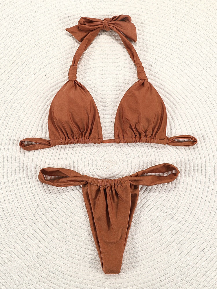 Pleated Bikinis Swimsuit Triangle Bikini Set Swimwear Halter Bathing Suits Bandage Beachwear The Clothing Company Sydney