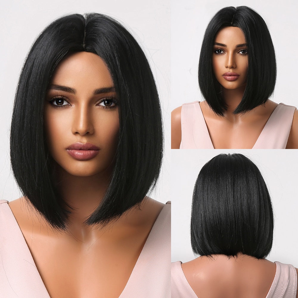Blonde to brown ombre straight synthetic wig with bangs for women, featuring a bob style, heat-resistant, suitable for cosplay or daily wear