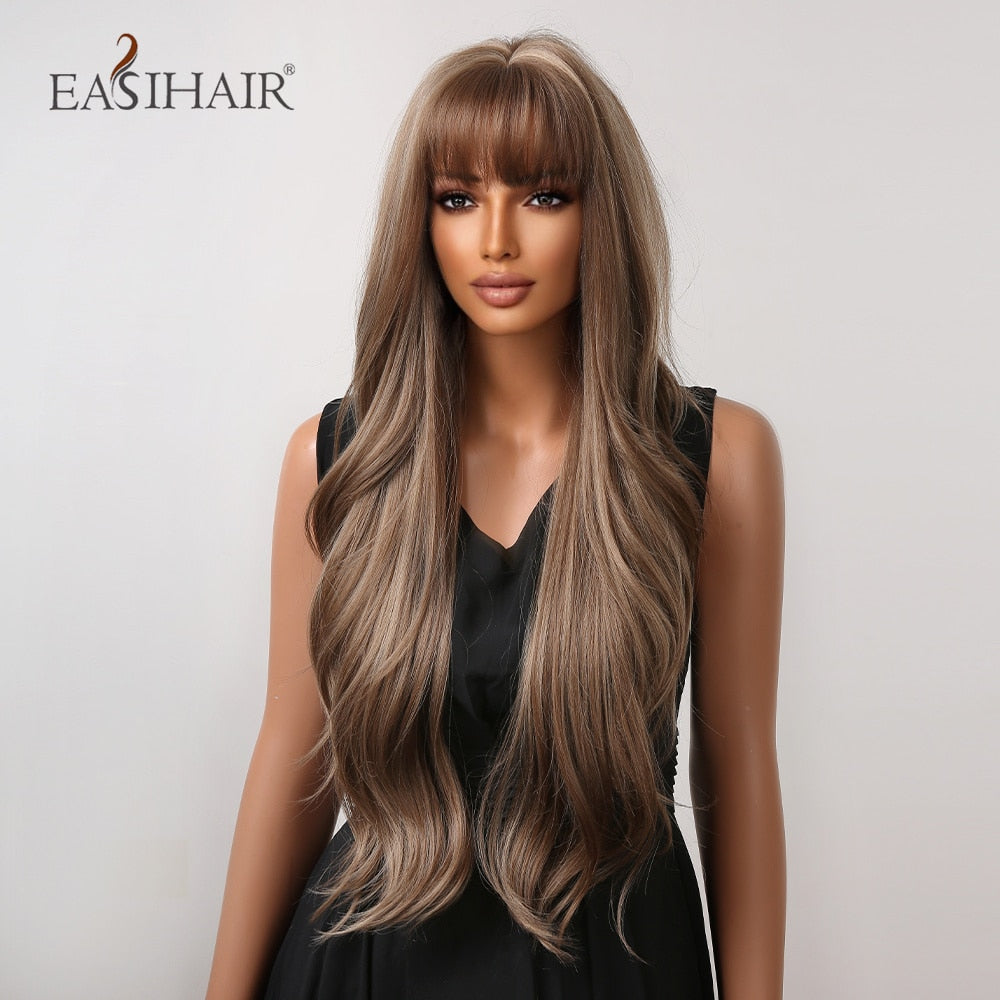 Long wavy synthetic wig with brown and blonde tones, featuring bangs, designed for women’s daily wear and cosplay, heat resistant.