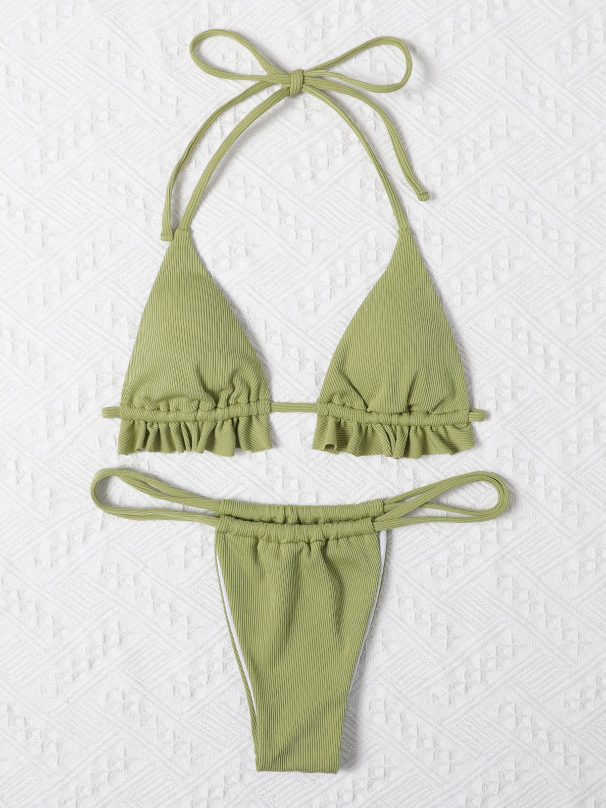 Ruffle swimsuit thong G-string micro bikinis set, halter style, two-piece swimwear with ruffle details, from The Clothing Company Sydney.