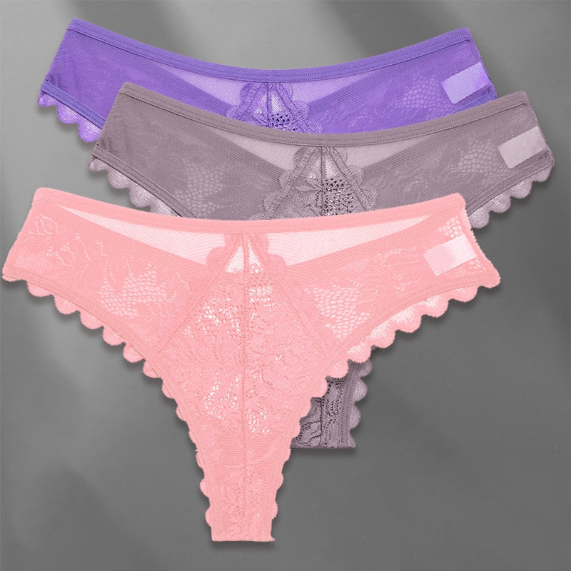 Three-pack lace G-string panties from The Clothing Company Sydney, soft feminine lingerie with delicate lace and thong design.