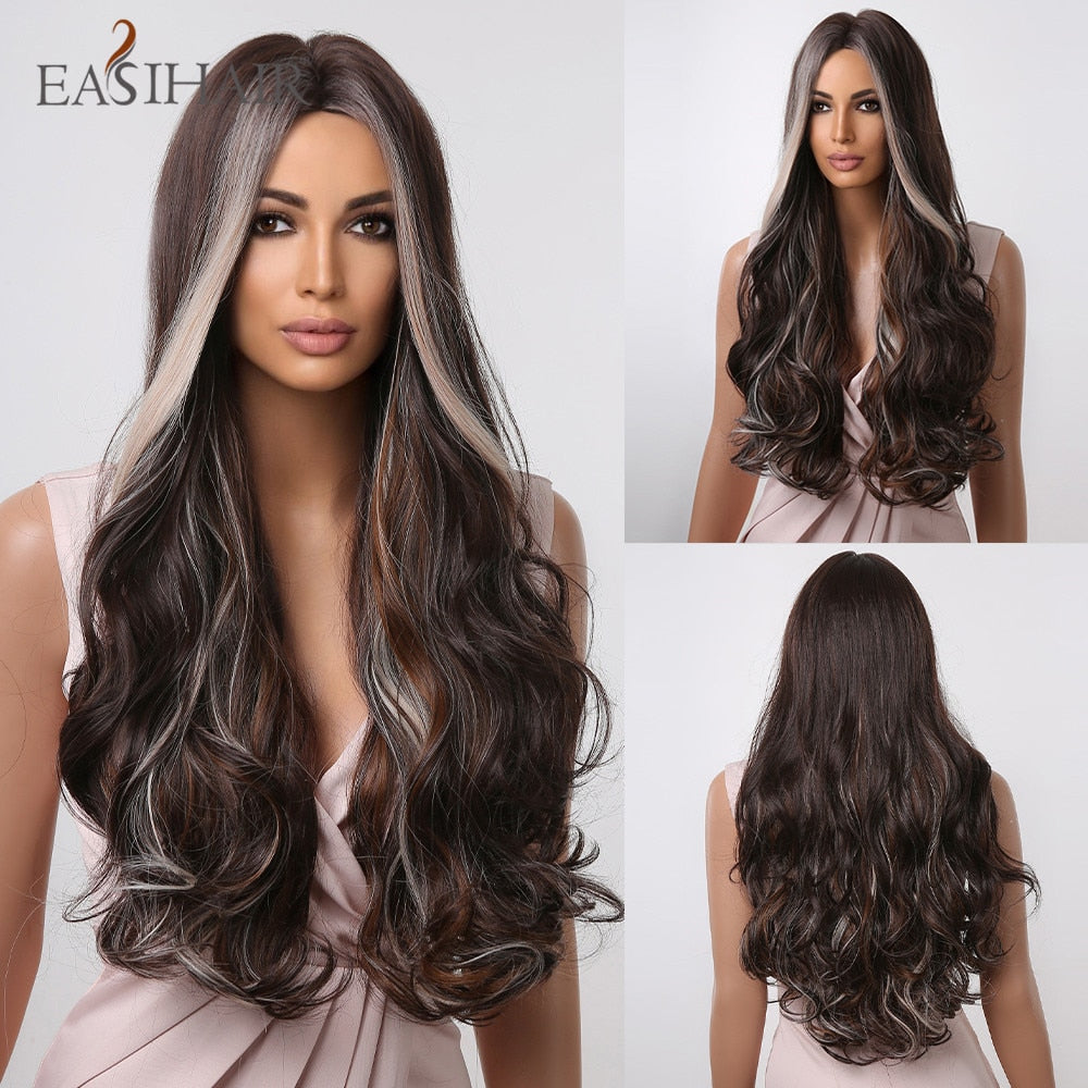 Long wavy synthetic wig in ombre brown gray ash with middle part, mixed blonde highlights, heat-resistant, suitable for daily wear and cosplay.