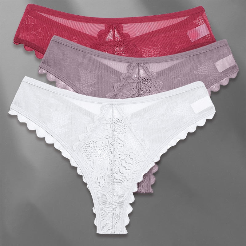 Three lace G-string panties from The Clothing Company Sydney, soft and sheer lingerie panties with delicate detailing.