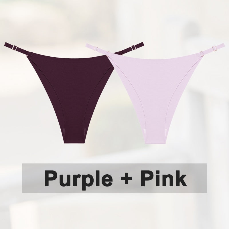 Two-pack of seamless silky G-string thongs from The Clothing Company Sydney, low-rise lingerie with adjustable waistbands and hipster style.