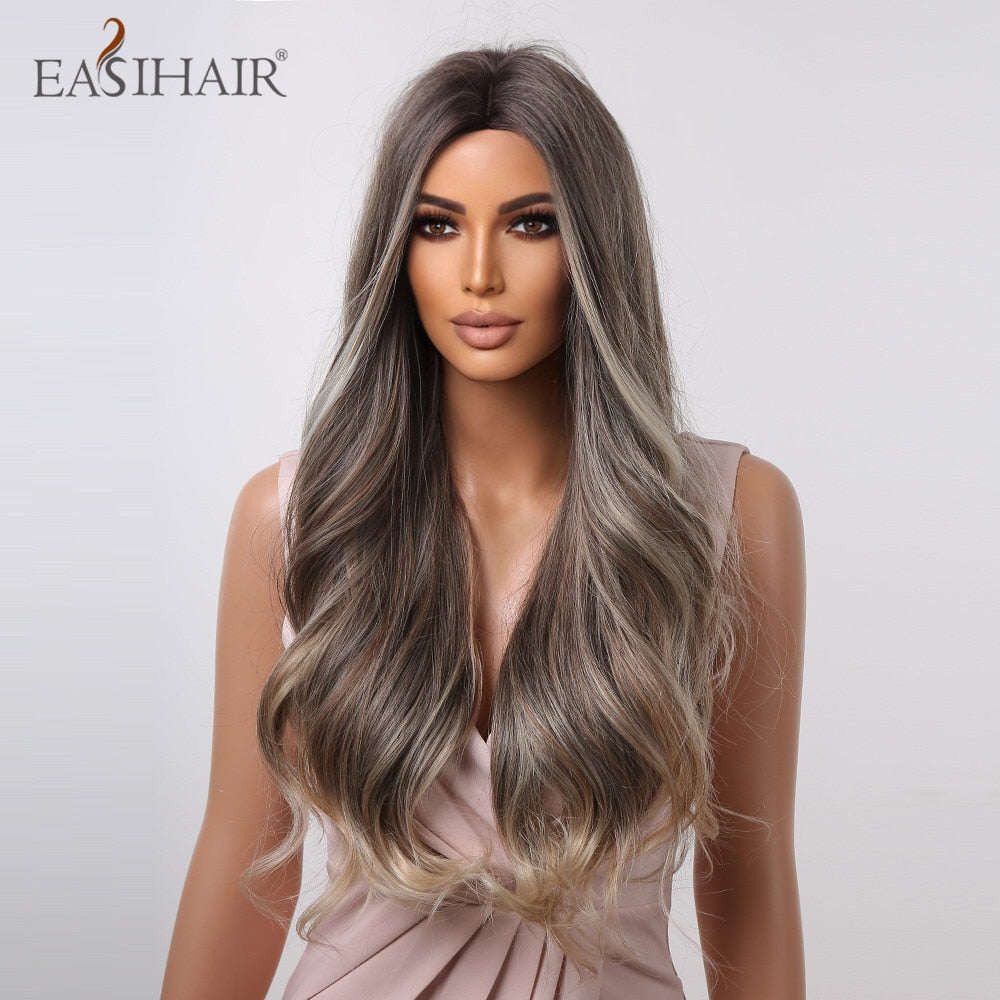 Long wavy synthetic wig with brown, gray, and blonde ombre highlights, featuring a middle part, heat-resistant fibers, for women’s cosplay.
