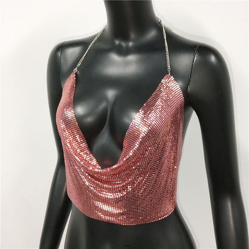Metal sequined tank top by The Clothing Company Sydney, gold and silver backless cropped camisole with glitter for beach and club wear