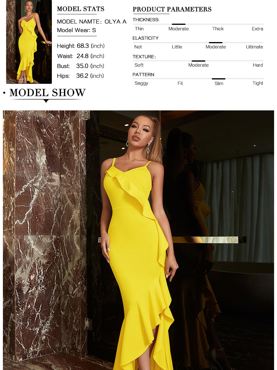 Yellow ruffle spaghetti strap dress by The Clothing Company Sydney with V-neck, sleeveless design, perfect for summer casual or party wear.
