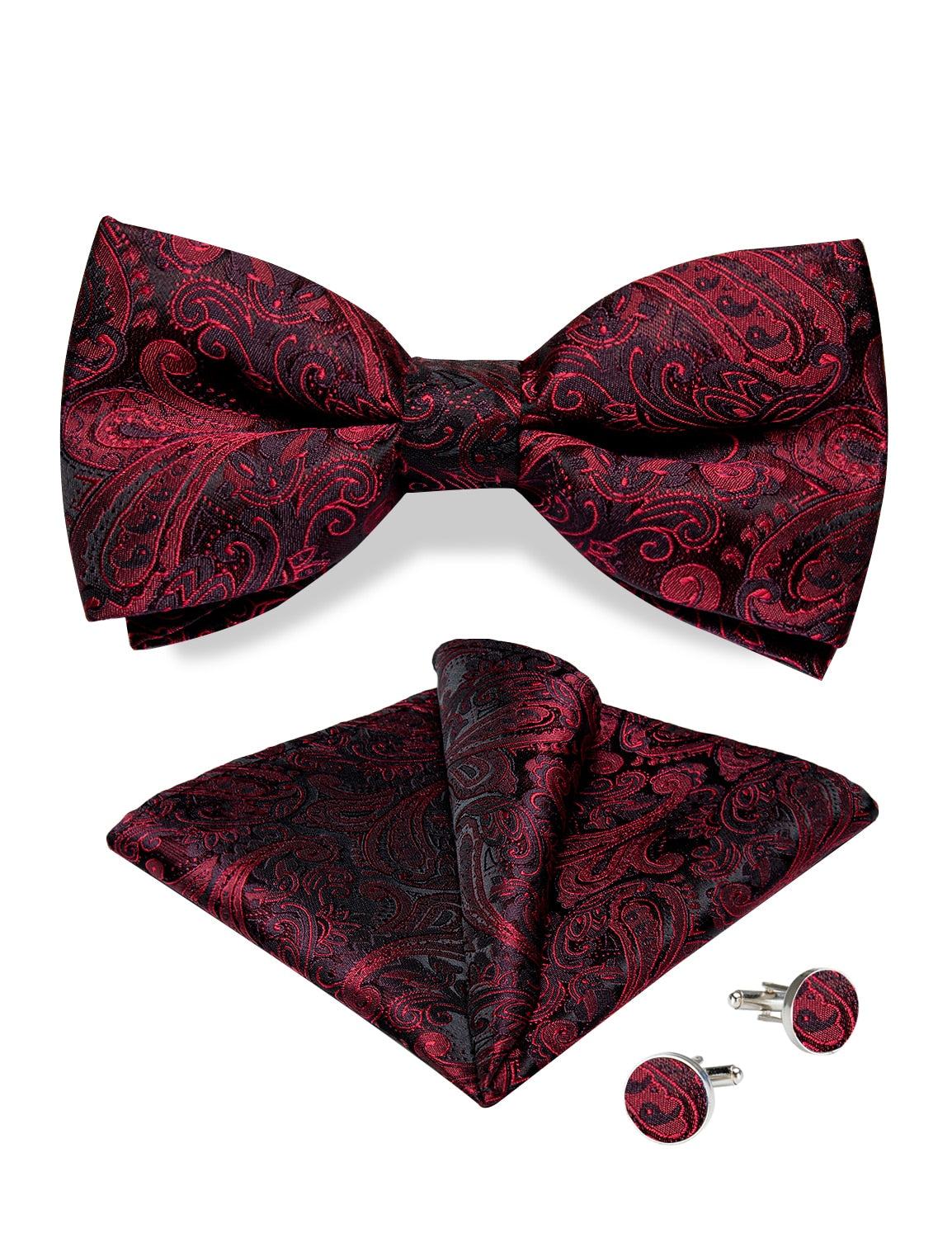 Classic red pre-tied wedding bow tie with cufflinks and corsage set, silk butterfly knot, men's accessories for formal occasions.
