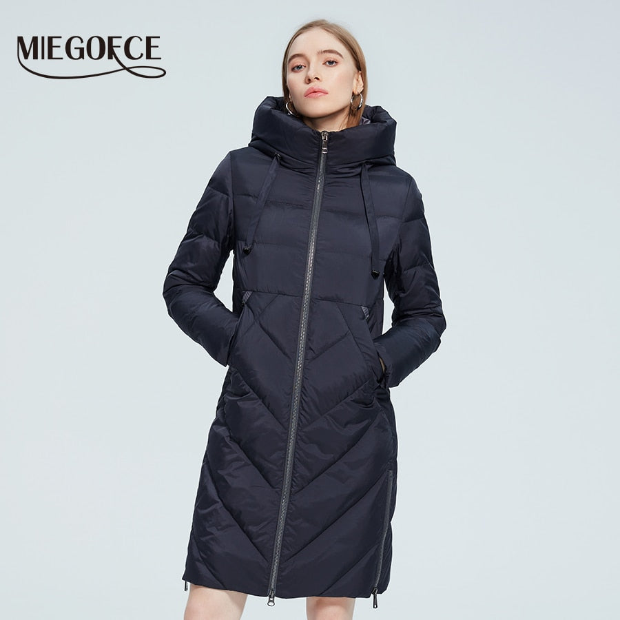 Winter women's long cotton jacket by The Clothing Company Sydney, hooded, stand collar, windproof coat with pockets and zipper details.