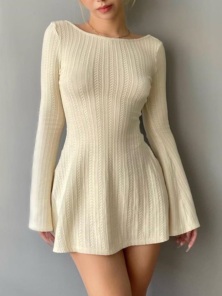 Backless chic solid long sleeve autumn dress by The Clothing Company Sydney, featuring a slim, elegant mini dress design.
