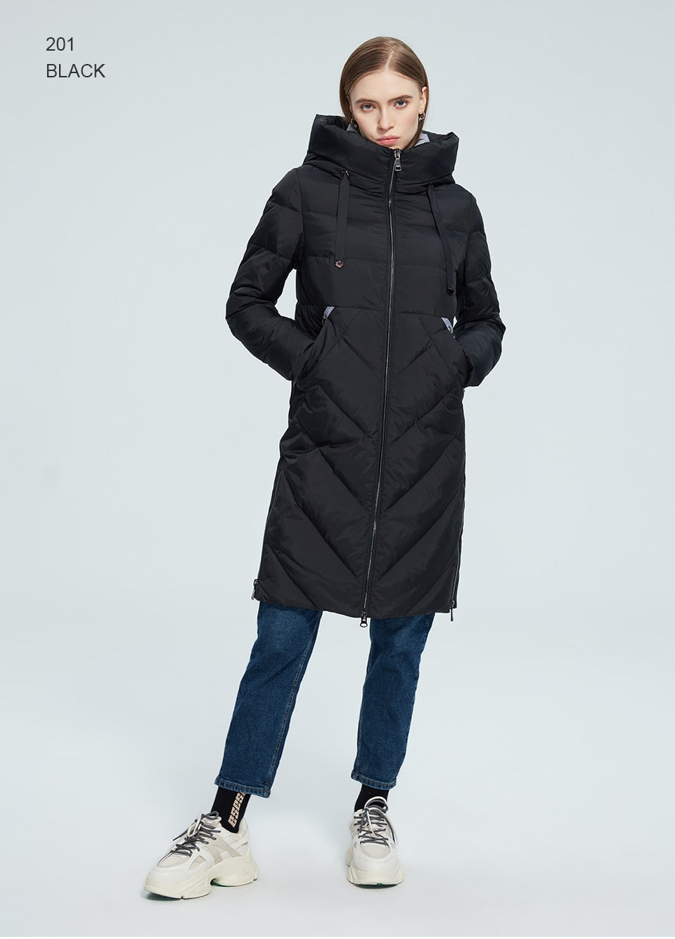 Women’s long cotton winter jacket with hood, stand collar, zipper closure, and pockets, designed for warmth and windproof protection.