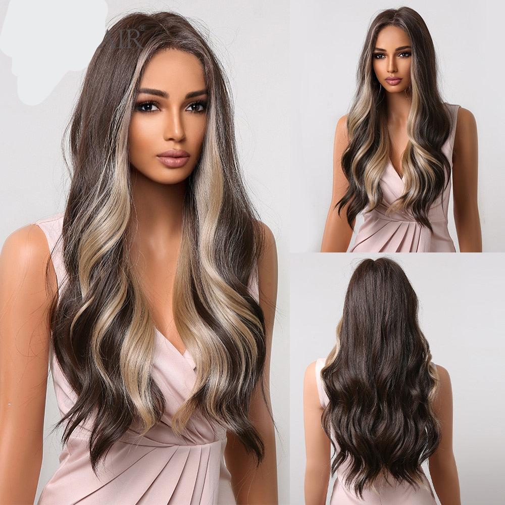 Long wavy synthetic wig with ombre brown, gray, and ash tones, featuring a middle part, suitable for cosplay and daily wear.