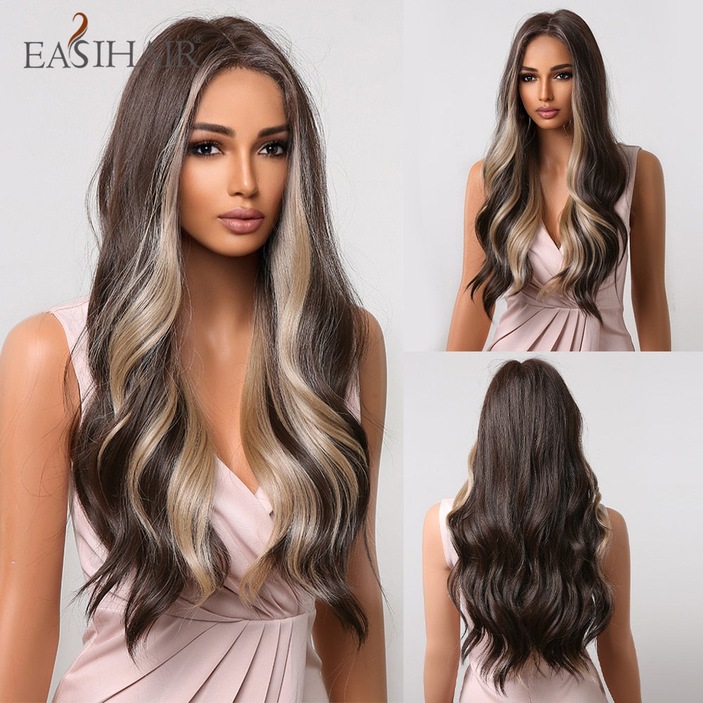 Long wavy synthetic wig with ombre brown, gray ash, and blonde tones, featuring a middle part, designed for women’s cosplay accessories.