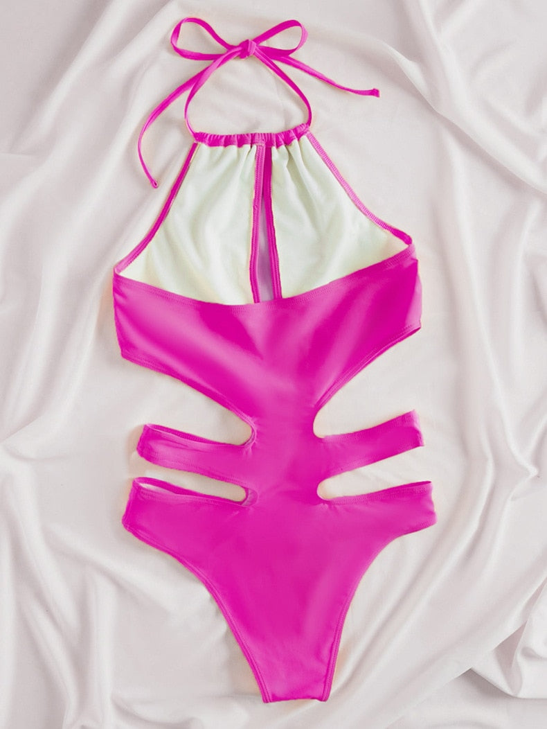 Solid tied halter high waist push-up one-piece swimsuit for women, featuring hollow design and monokini style by The Clothing Company Sydney