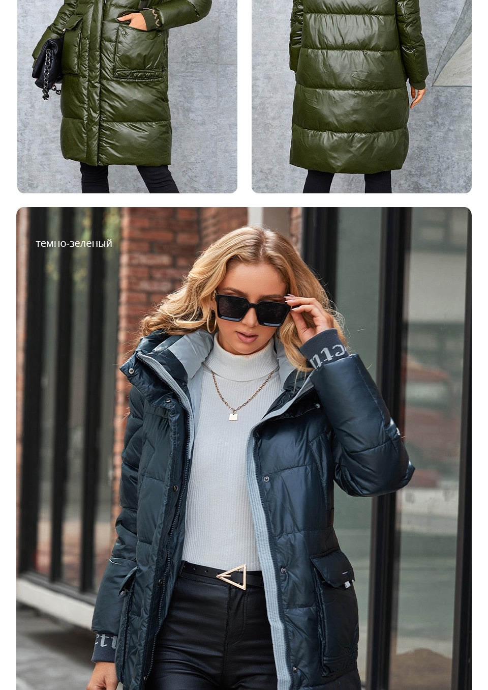 Women's down jacket by The Clothing Company Sydney with long design, stand collar, hood, slim fit, and large pockets.