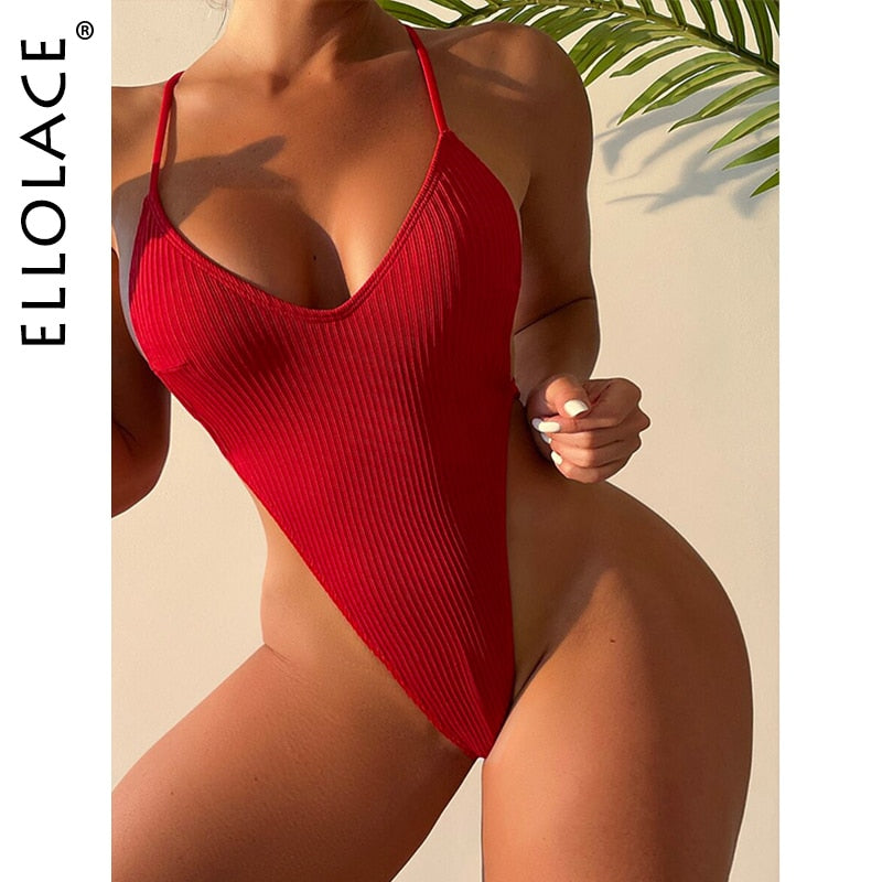 Backless high-cut ribbed one-piece thong swimsuit by The Clothing Company Sydney, featuring a solid design and stylish monokini cut.