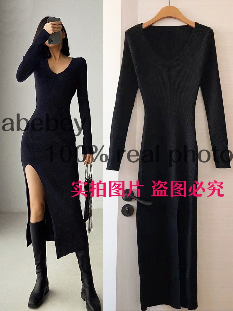 Slim fitting long sleeve slit sweater dress by The Clothing Company Sydney, over-the-knee hip-knit dress with a stylish slit detail.