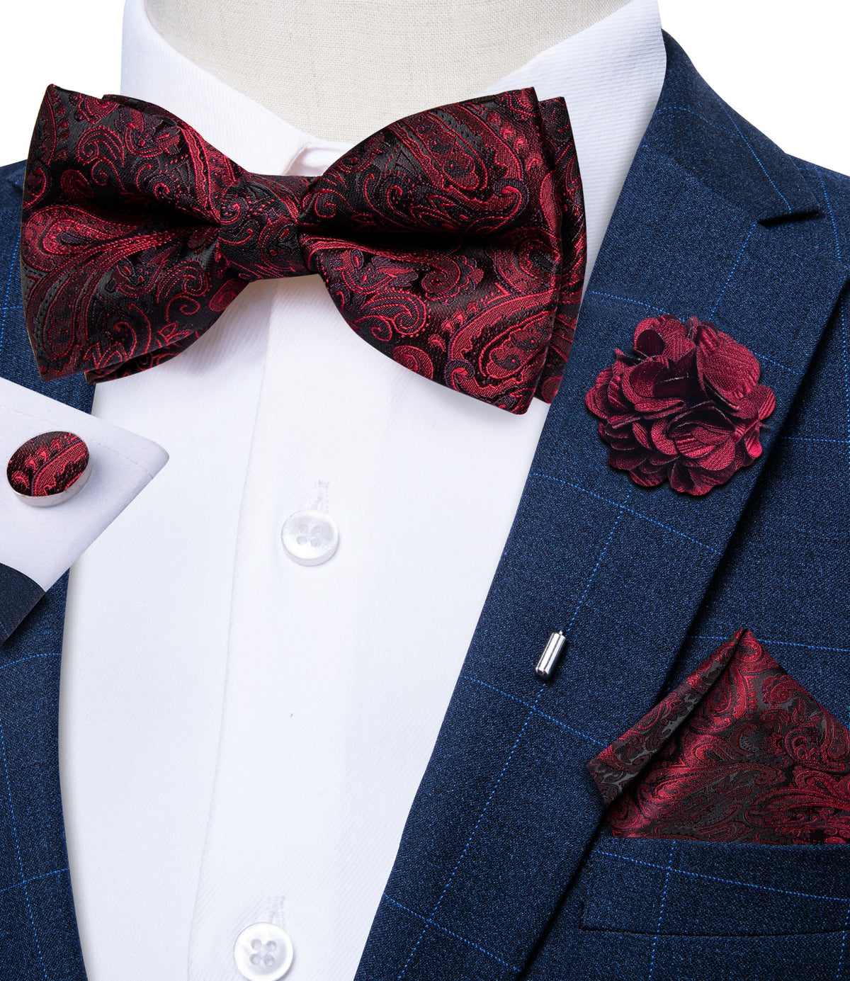 Elegant red pre-tied wedding bow tie with matching cufflinks and corsage set for men, made of silk by The Clothing Company Sydney.