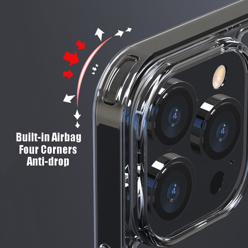 Transparent luxury tempered glass phone case for iPhone 11, 12, 13, 14 Pro, XS Max, and more, showing clear hard protective design.