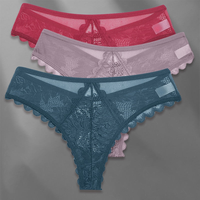 Three lace G-string panties from The Clothing Company Sydney, soft lingerie with delicate detailing and a comfortable fit.