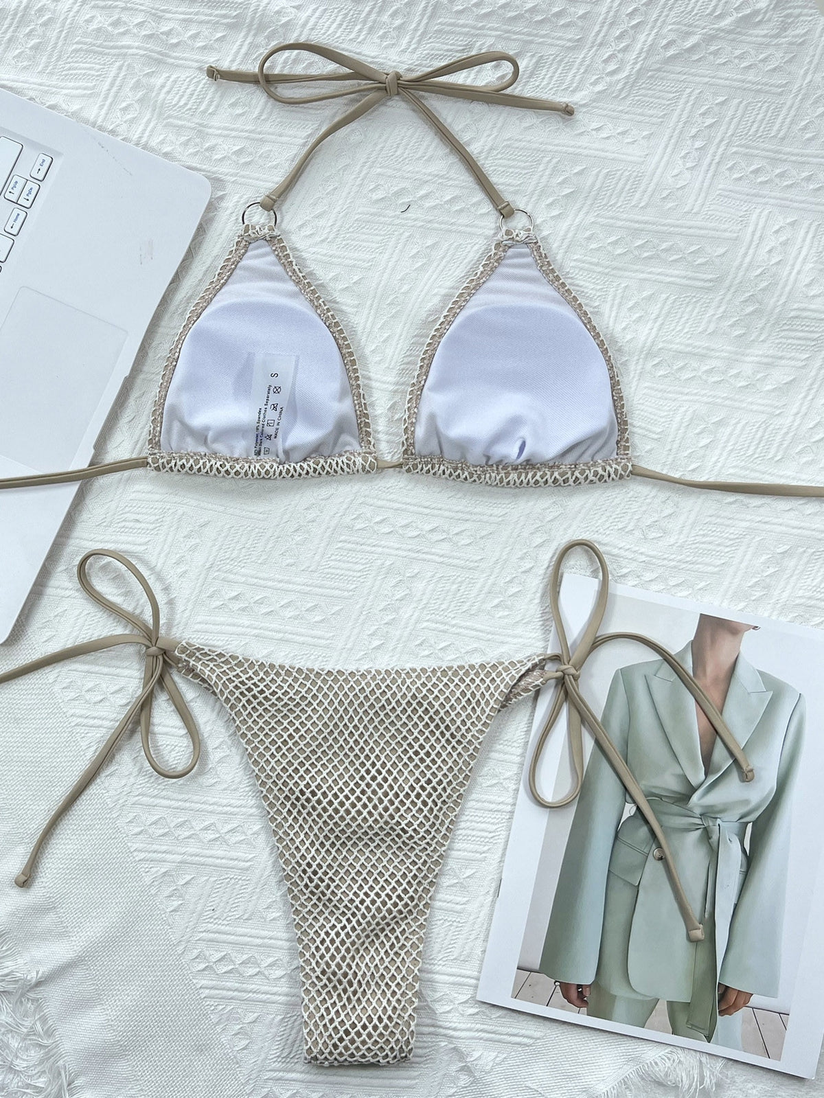 Stylish 2-piece fishing net micro bikini swimsuit with padded halter top, solid color, Brazilian monokini beachwear by The Clothing Company Sydney