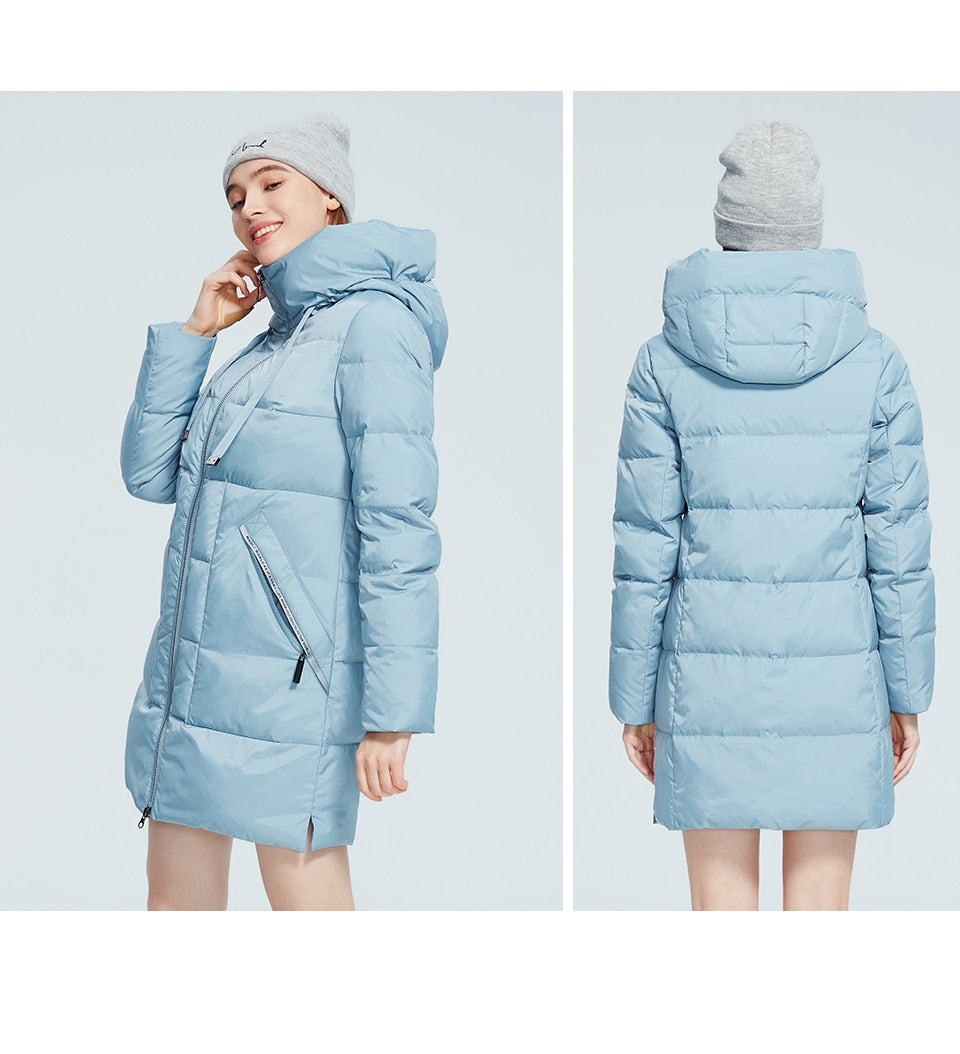 Women's winter jacket with stand collar, hood, large pockets, windproof coat from The Clothing Company Sydney, mid-length parka.