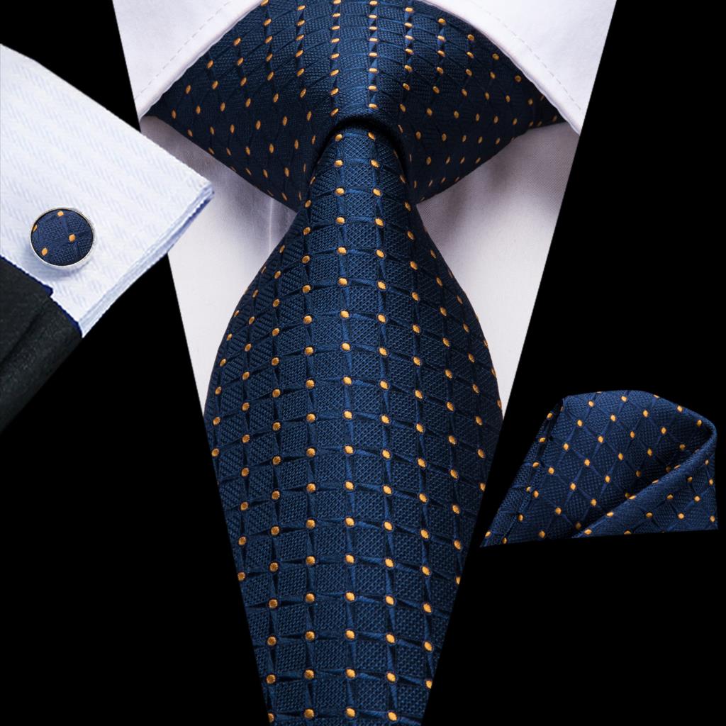 Blue silk business tie with dot and plaid patterns, matching cufflinks, from The Clothing Company Sydney, ideal for wedding or business attire.